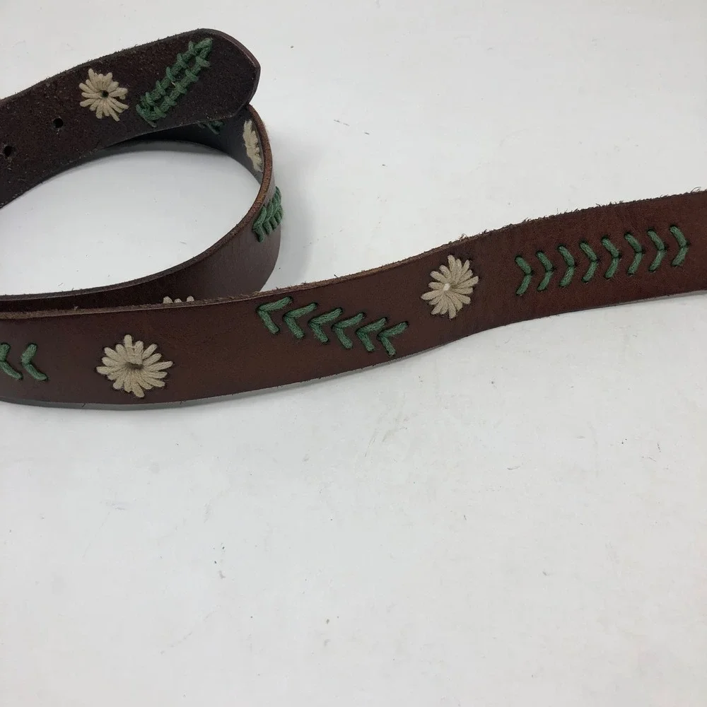 Sundance Belt Womens Large Brown Leather Floral Green Embroidered Boho Western